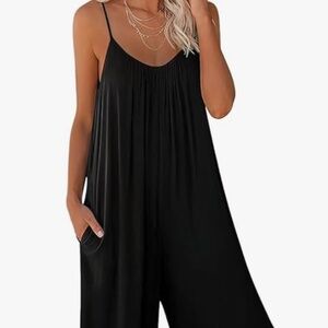 Wide leg Jumpsuit - Romper - Spaghetti Strap - Black - Small - Pockets